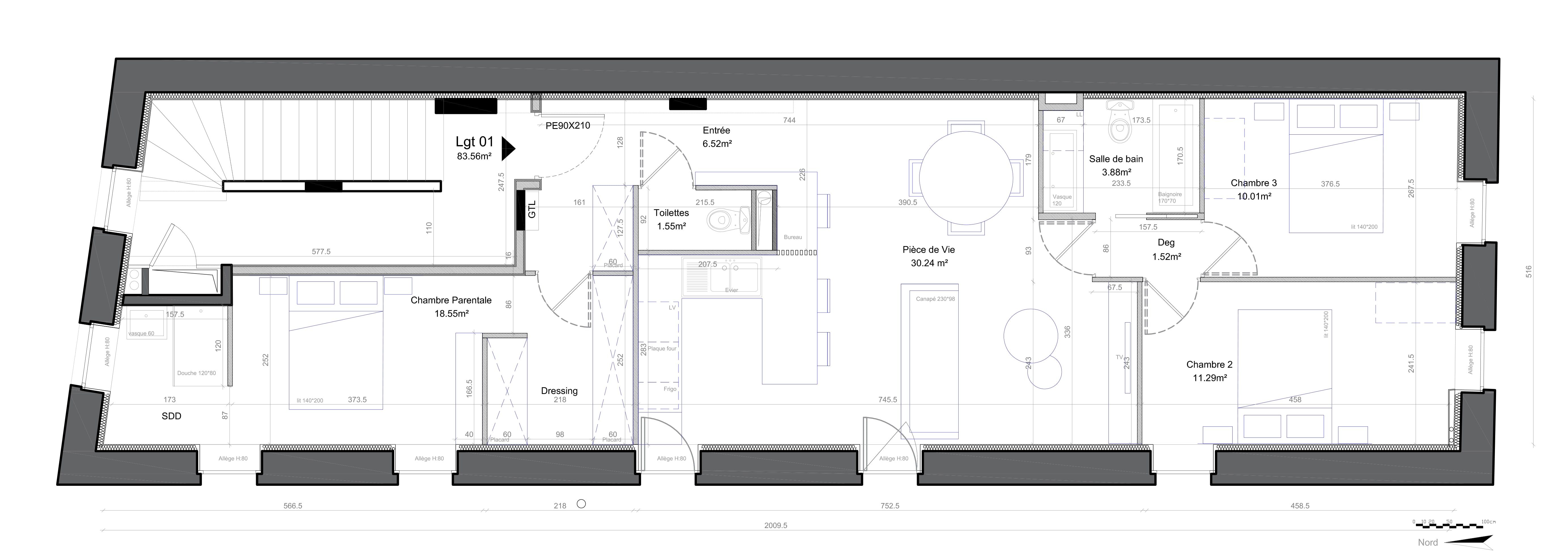Appartement 3 chambres en longueur 85 m² plan