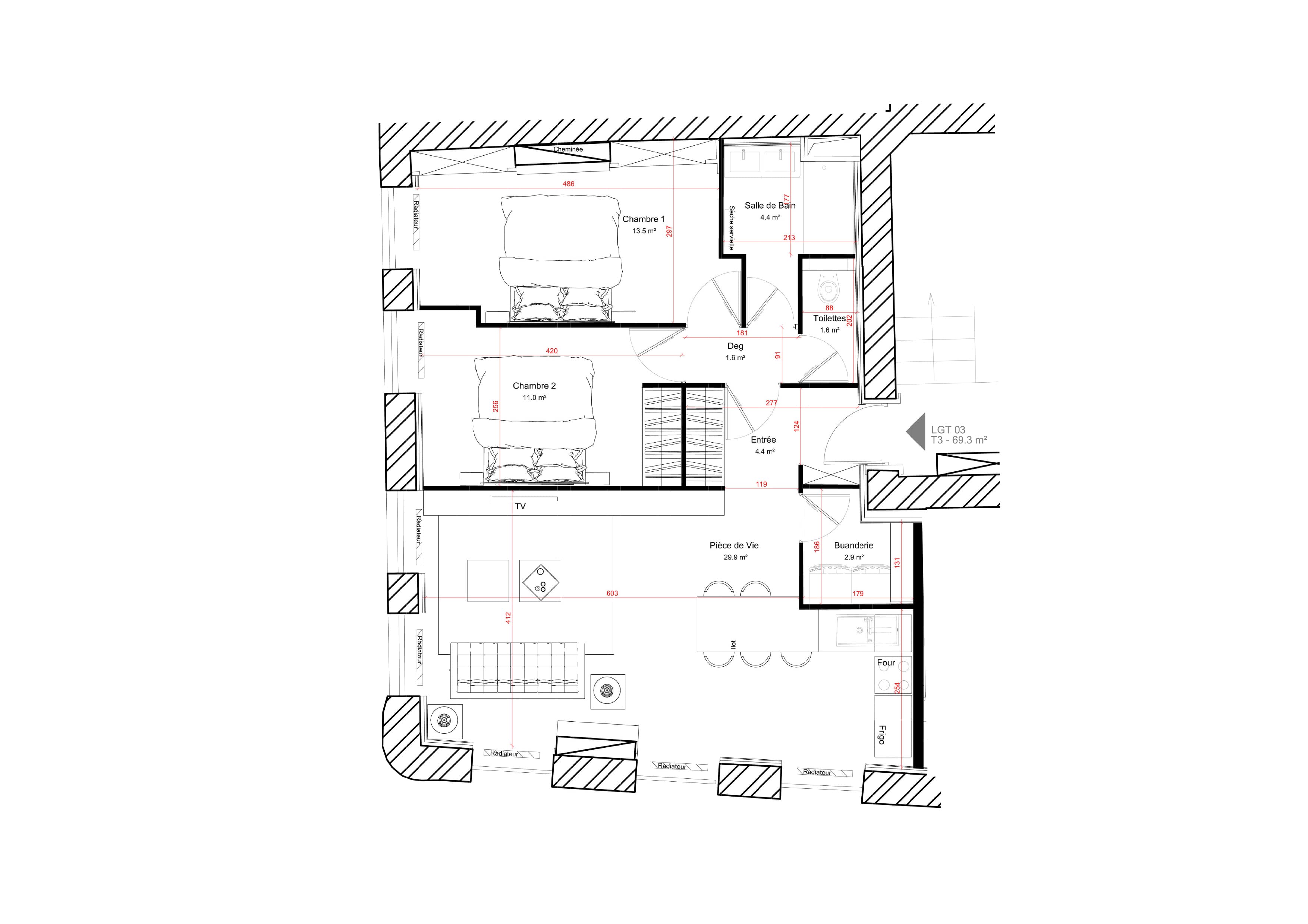 Plan appartement 70 m² avec deux chambres