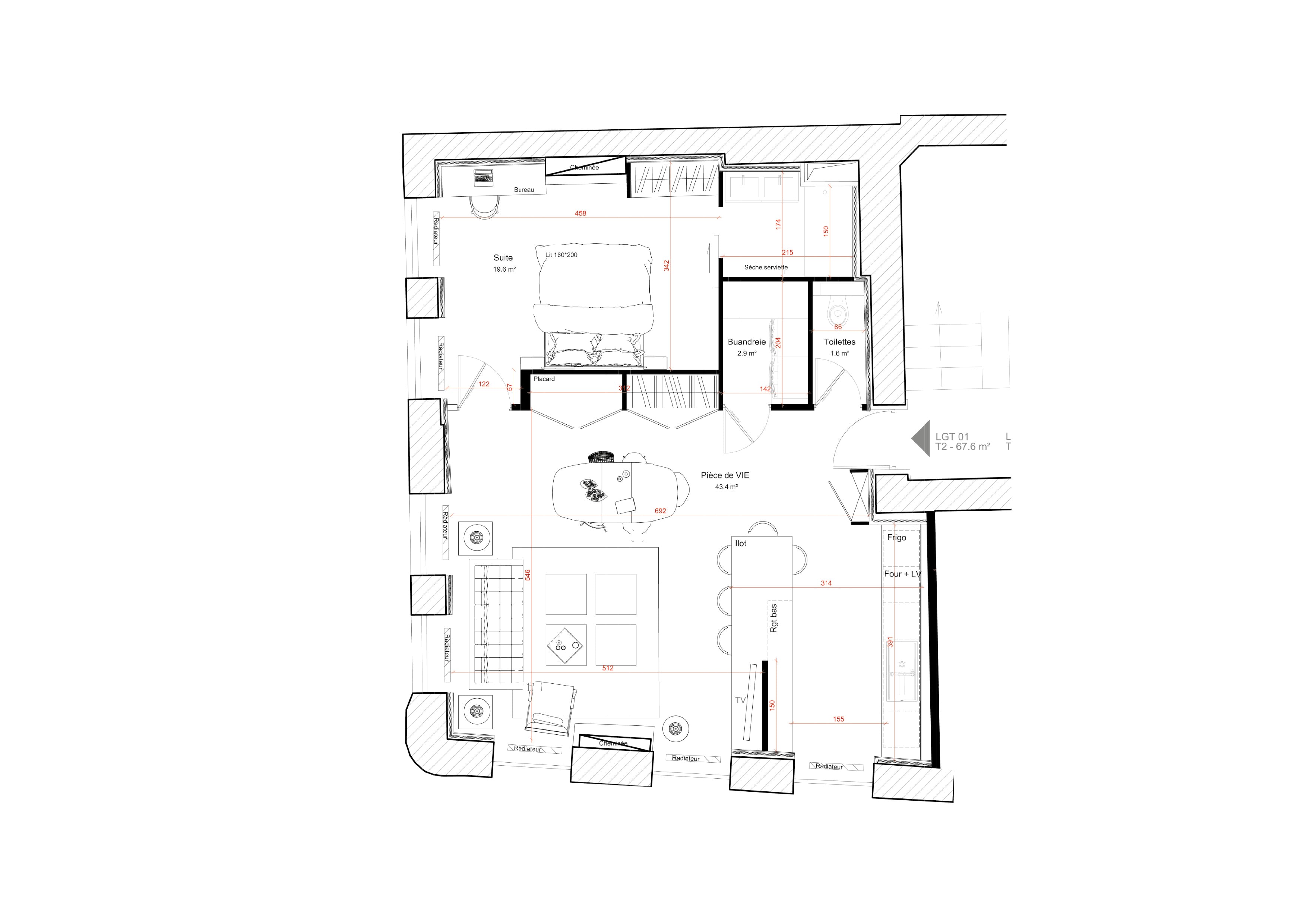 Plan appartement T2 avec suite parentale 65 m²