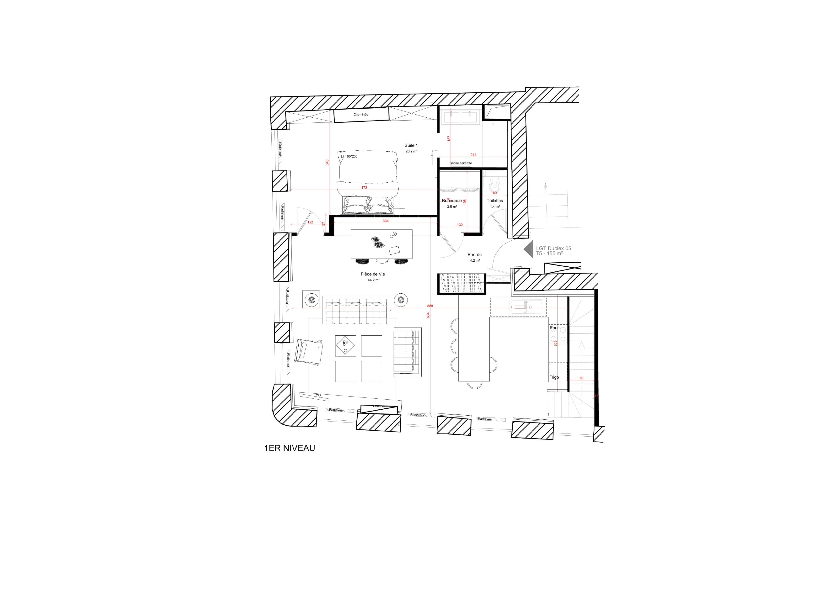 Plan duplex 150 m² avec 4 chambres et bureaux - 1er niveau