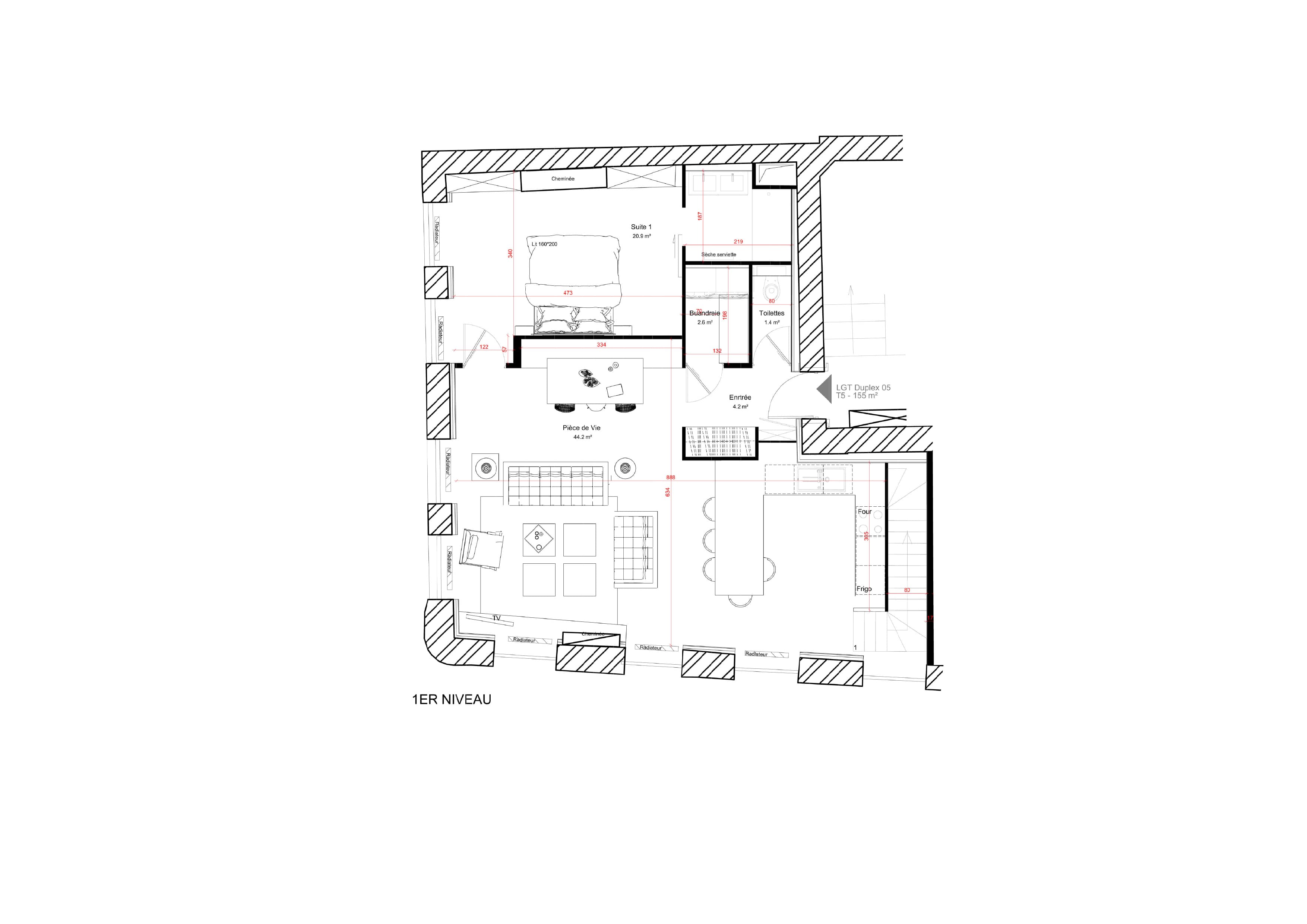 Plan duplex 150 m² avec 4 chambres et bureaux - 1er niveau
