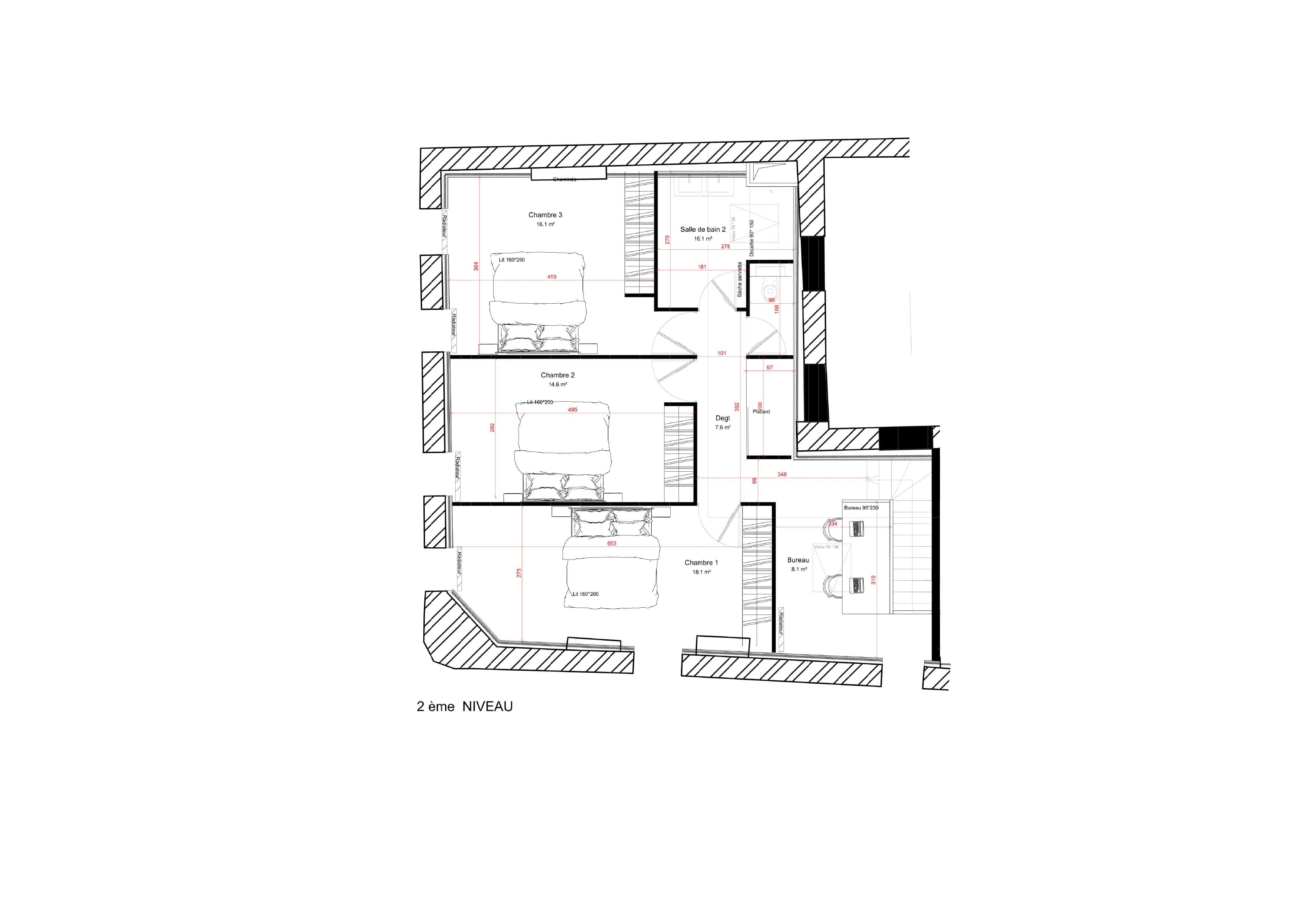 Plan duplex 150 m² avec 4 chambres et bureaux - 2ème niveau