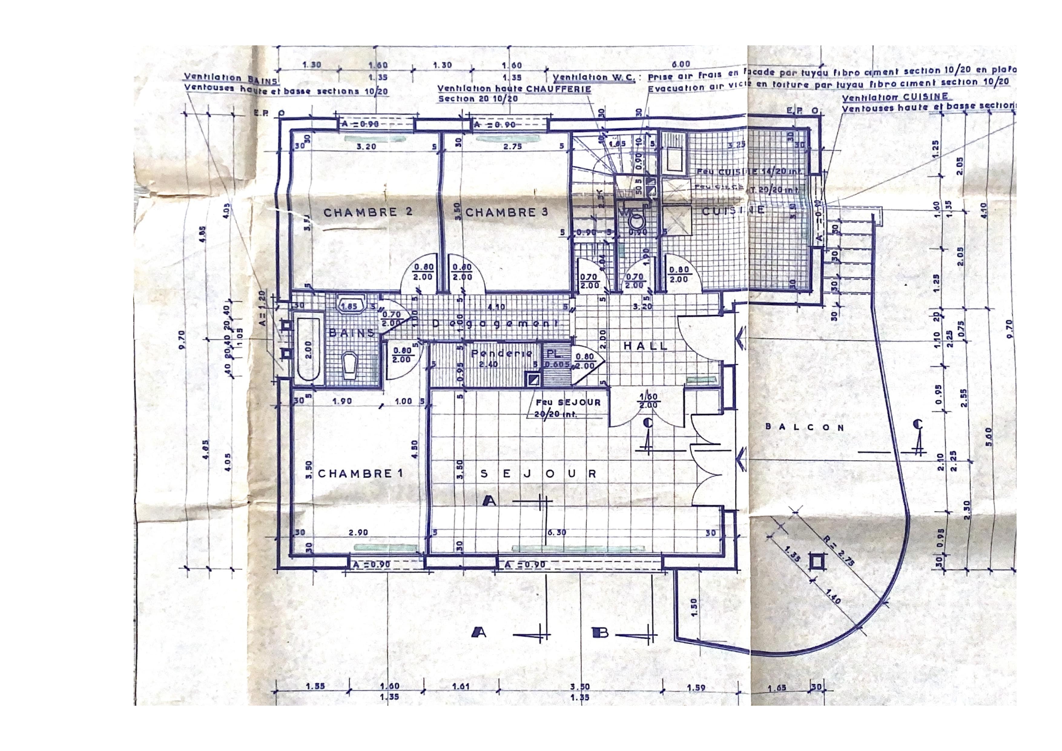 Plan maison année 70 sur sous-sol rénovée avec 3 chambres - Plan etat des lieux