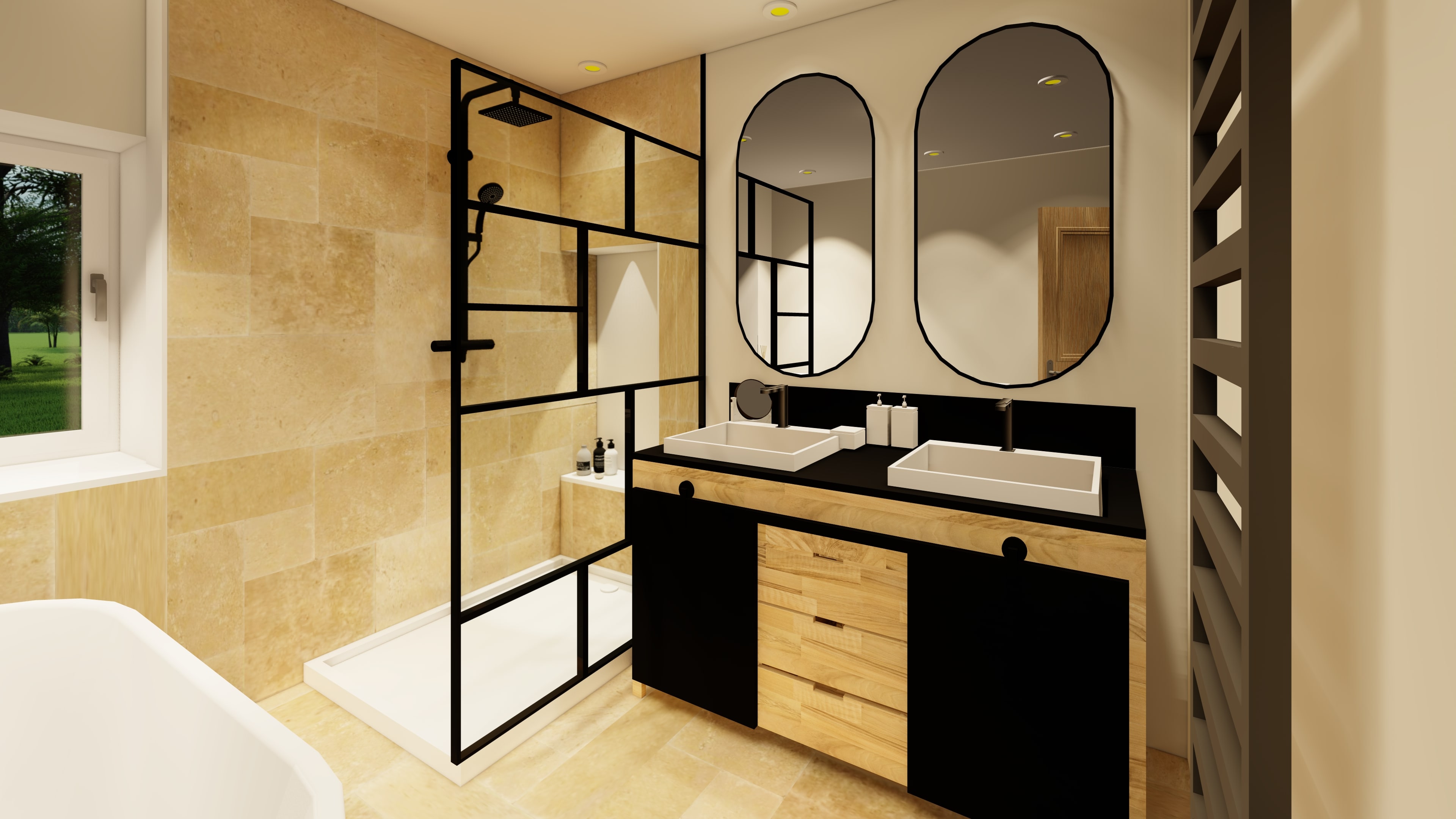 Plan 3D Salle de bain avec baignoire ilot et douche 7m² (version 3)