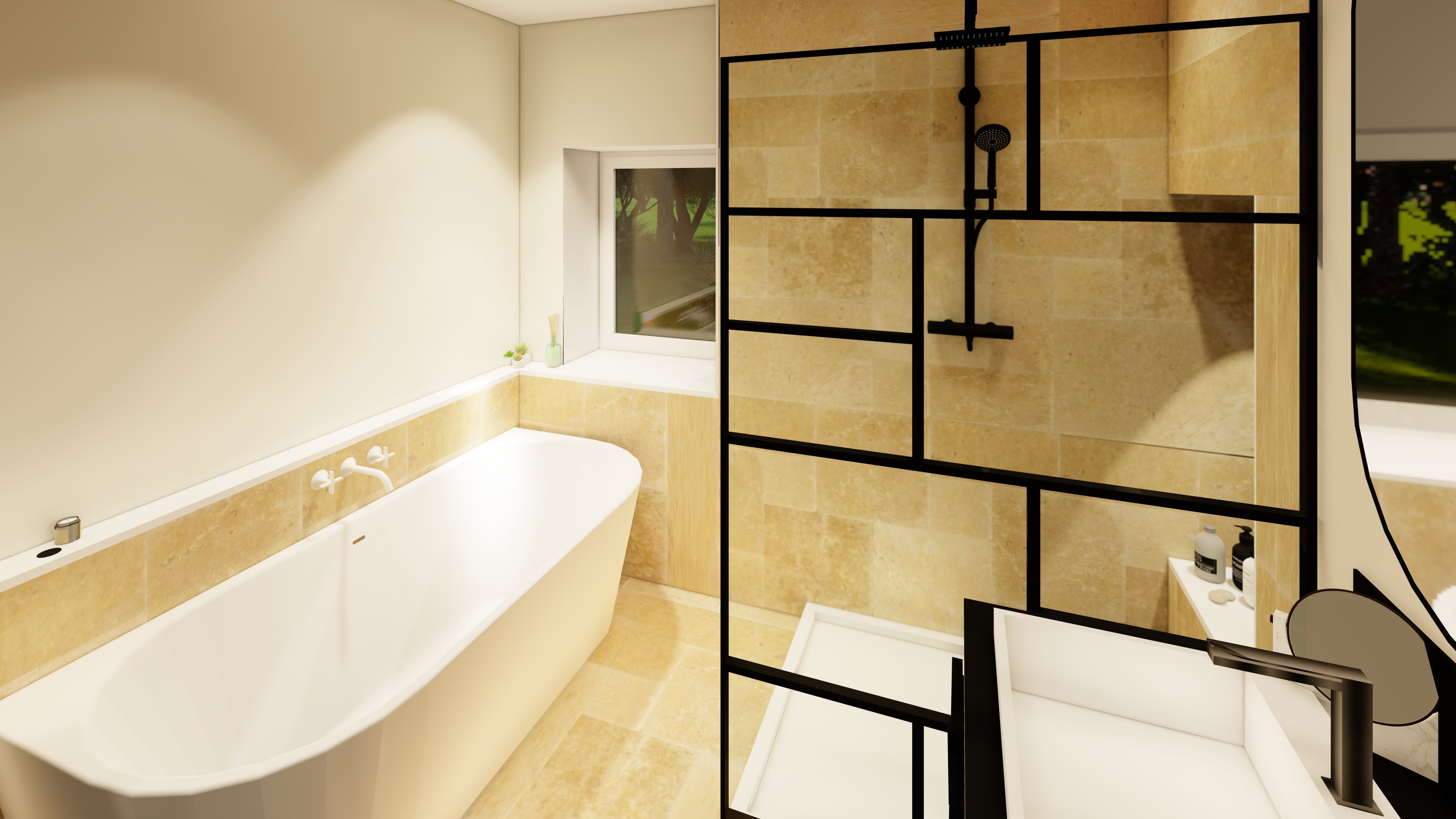 Plan 3D Salle de bain avec baignoire ilot et douche 7m²