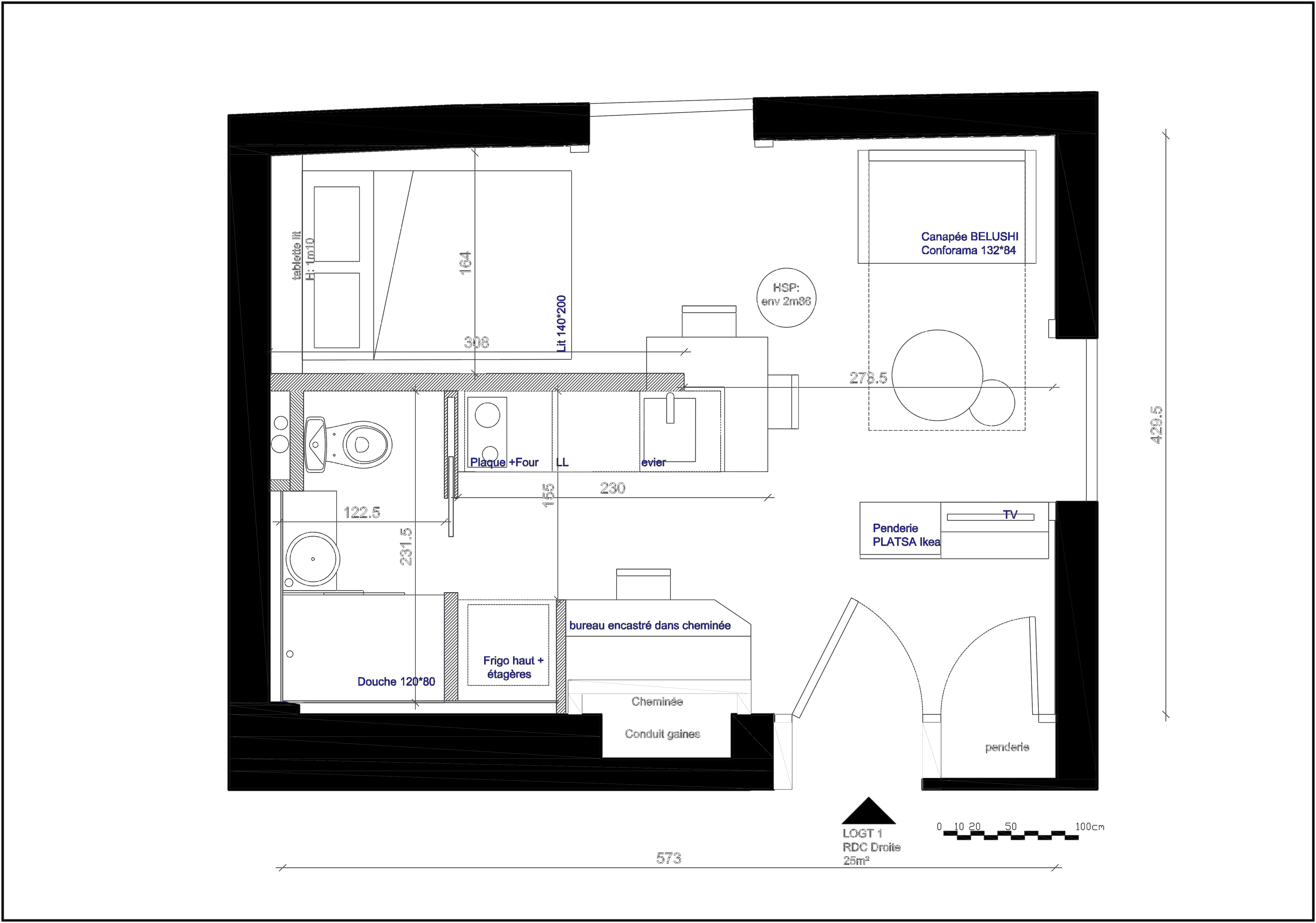plan Studio avec coin nuit 25 m²